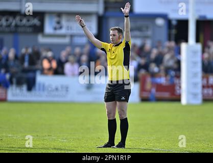 Bedford, Regno Unito. 15th Apr, 2023. Campionato di rugby RFU. Bedford Blues V Jersey Reds. Campo da rugby Bedford Blues. Bedford. DaN Jones (Referee) durante la partita di rugby del campionato RFU Bedford Blues V Jersey Reds. Credit: Sport in Pictures/Alamy Live News Foto Stock