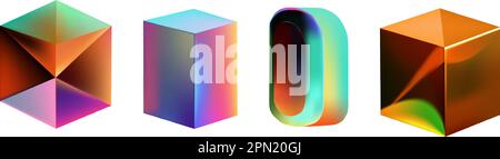 Le futuristiche figure a gradiente neon possono essere utilizzate per una varietà di scopi, intrattenimento, istruzione e visualizzazione scientifica.Set di forme geometriche ologramma. Oggetto multicolore 3d moderno e iridescente. Illustrazione Vettoriale