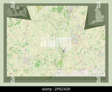 Malvern Hills, distretto non metropolitano dell'Inghilterra - Gran Bretagna. Aprire la mappa stradale. Mappe delle posizioni ausiliarie degli angoli Foto Stock