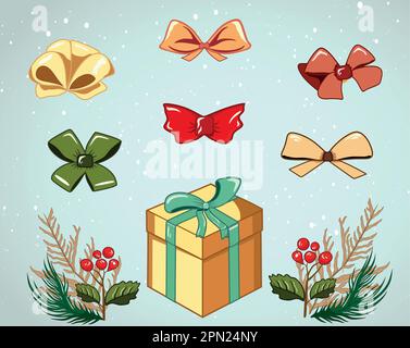 Set di confezioni regalo, coloratissima collezione di regali per compleanno o Natale. Scatole con nastro e arco. Fiori invernali Illustrazione Vettoriale