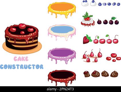 modello con torte. Torta colorata con frutta sulla parte superiore e diversi toppers e crema. Spazio per il logo Illustrazione Vettoriale