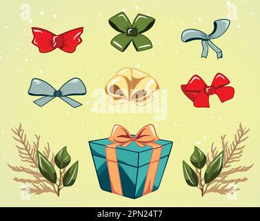 Set di confezioni regalo, coloratissima collezione di regali per compleanno o Natale. Scatole con nastro e arco. Fiori invernali Illustrazione Vettoriale