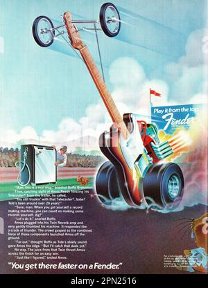 Un annuncio per Fender Telecaste Guitars r & Twin Reverb Amps di una rivista musicale di metà 1970s che dice che arriverete più velocemente su un Fender. Foto Stock
