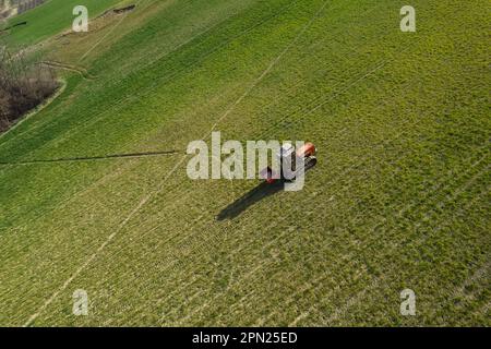 contadino che guida un trattore cingolato in salita nell'azienda durante la stagione primaverile Foto Stock