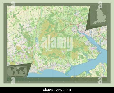 New Forest, distretto non metropolitano dell'Inghilterra - Gran Bretagna. Aprire la mappa stradale. Mappe delle posizioni ausiliarie degli angoli Foto Stock