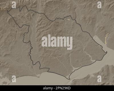 New Forest, distretto non metropolitano dell'Inghilterra - Gran Bretagna. Mappa dell'altitudine colorata in tonalità seppia con laghi e fiumi Foto Stock