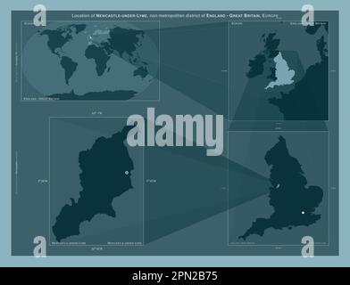 Newcastle-under-Lyme, quartiere non metropolitano d'Inghilterra - Gran Bretagna. Diagramma che mostra la posizione della regione su mappe in scala più grande. Compositi Foto Stock