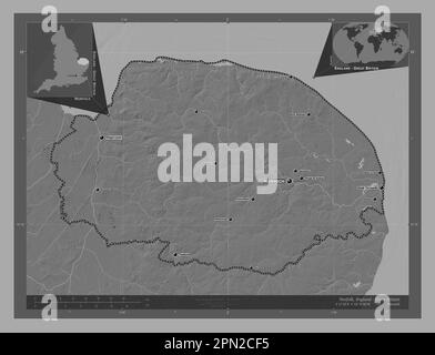 Norfolk, contea amministrativa dell'Inghilterra - Gran Bretagna. Mappa altimetrica bilivello con laghi e fiumi. Località e nomi delle principali città del reg Foto Stock