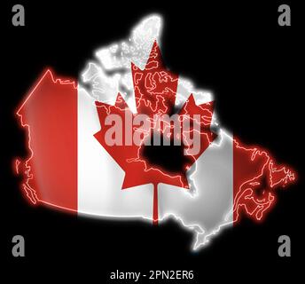 Mappa del Canada con bandiera canadese su sfondo nero. Rendering 3D. Foto Stock