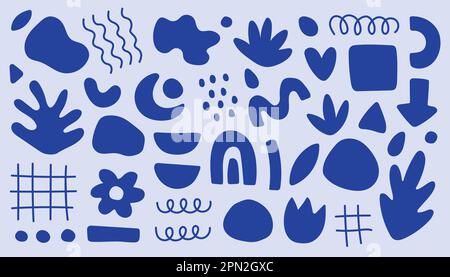 Matisse Blue Abstract Botanical Art Set. Set di elementi artistici creativi alla moda astratti. Botanica, fiori texture. Illustrazione Vettoriale