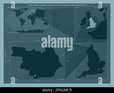 North Tyneside, contea amministrativa dell'Inghilterra - Gran Bretagna. Diagramma che mostra la posizione della regione su mappe in scala più grande. Composizione del Vect Foto Stock