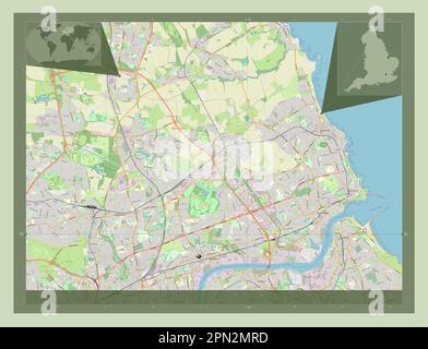 North Tyneside, contea amministrativa dell'Inghilterra - Gran Bretagna. Aprire la mappa stradale. Mappe delle posizioni ausiliarie degli angoli Foto Stock