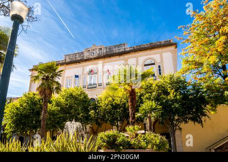 Facciata del municipio di Câmara Municipal de Silves si erge alto contro il cielo blu, adornato da una bandiera portoghese svolazzante e circondato da una vegetazione lussureggiante Foto Stock