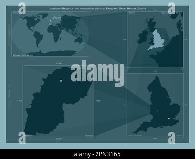 Redditch, distretto non metropolitano dell'Inghilterra - Gran Bretagna. Diagramma che mostra la posizione della regione su mappe in scala più grande. Composizione del vettore Foto Stock
