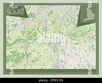 Reigate e Banstead, distretto non metropolitano dell'Inghilterra - Gran Bretagna. Aprire la mappa stradale. Mappe delle posizioni ausiliarie degli angoli Foto Stock