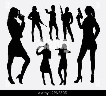 Ragazza con silhouette a pistola. Buon uso per simbolo, logo, web icona, mascotte, segno, o qualsiasi progetto che desideri. Facile da usare. Illustrazione Vettoriale