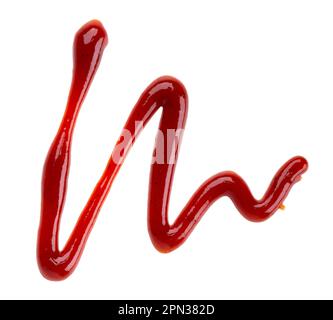 Schizzi di ketchup rosso isolati su sfondo bianco. Spruzzare di salsa barbecue. Vista dall'alto Foto Stock