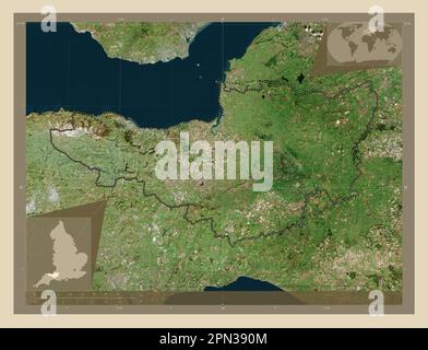 Somerset, contea amministrativa dell'Inghilterra - Gran Bretagna. Mappa satellitare ad alta risoluzione. Mappe delle posizioni ausiliarie degli angoli Foto Stock