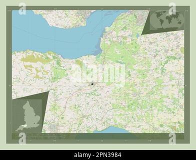 Somerset, contea amministrativa dell'Inghilterra - Gran Bretagna. Aprire la mappa stradale. Mappe delle posizioni ausiliarie degli angoli Foto Stock