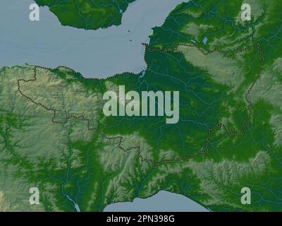 Somerset, contea amministrativa dell'Inghilterra - Gran Bretagna. Mappa di altitudine colorata con laghi e fiumi Foto Stock