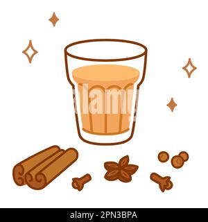 Disegno del tè Masala chai. Vetro cartoon di tè indiano disegnato a mano con spezie aromatiche: Cannella, chiodi di garofano, anice e pepe. Illustrazione vettoriale. Illustrazione Vettoriale