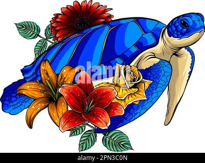 Illustrazione vettoriale di tartaruga marina con fiore su sfondo bianco Illustrazione Vettoriale