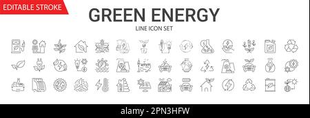 Icone lineari vettoriali di energia verdi impostate. Auto elettrica, centrale nucleare, energia eolica, pannelli solari, energia verde, risorse idriche, bio-carburante, inquinamento atmosferico, gl Illustrazione Vettoriale