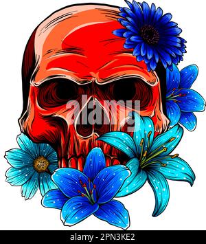 Illustrazione vettoriale di cranio rosso con belle rose di fiore in stile vintage isolato su sfondo bianco. disegno digitale Illustrazione Vettoriale
