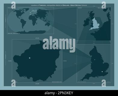 Tameside, metropolitan district of England - Great Britain. Diagram showing the location of the region on larger-scale maps. Composition of vector fra Foto Stock