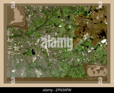 Tameside, metropolitan district of England - Great Britain. Low resolution satellite map. Locations and names of major cities of the region. Corner au Foto Stock