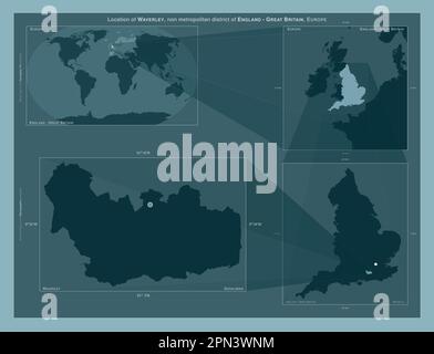 Waverley, distretto non metropolitano dell'Inghilterra - Gran Bretagna. Diagramma che mostra la posizione della regione su mappe in scala più grande. Composizione del vettore Foto Stock