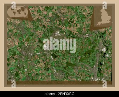 Welwyn Hatfield, distretto non metropolitano dell'Inghilterra - Gran Bretagna. Mappa satellitare a bassa risoluzione. Mappe delle posizioni ausiliarie degli angoli Foto Stock