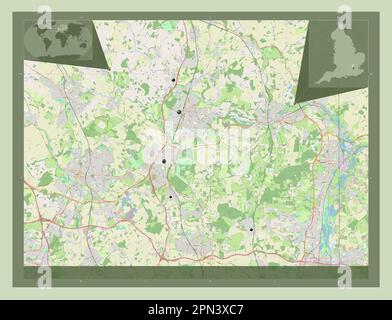 Welwyn Hatfield, distretto non metropolitano dell'Inghilterra - Gran Bretagna. Aprire la mappa stradale. Posizioni delle principali città della regione. Posizione ausiliaria d'angolo Foto Stock