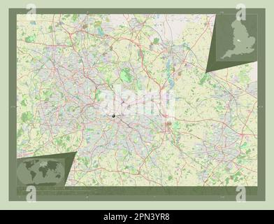 West Midlands Combined Authority, regione dell'Inghilterra - Gran Bretagna. Aprire la mappa stradale. Mappe delle posizioni ausiliarie degli angoli Foto Stock