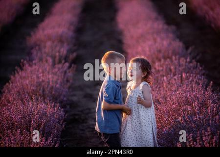 Carino, bel ritratto di bambino coppia e ragazza su sfondo di campo di lavanda viola. Caucasica fratello sorella divertirsi al tramonto. Eccitato piccolo Foto Stock