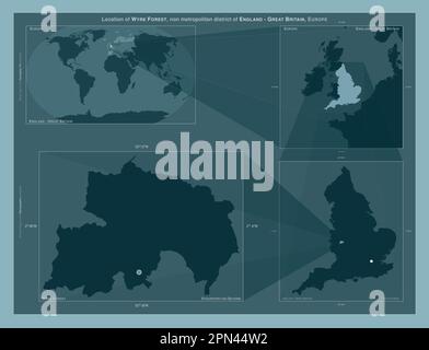 Wyre Forest, distretto non metropolitano dell'Inghilterra - Gran Bretagna. Diagramma che mostra la posizione della regione su mappe in scala più grande. Composizione del Vec Foto Stock