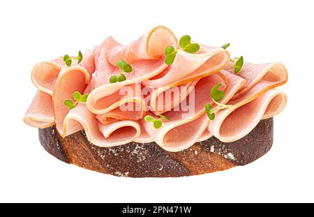 Fette di prosciutto di maiale su pane di segale isolato su fondo bianco Foto Stock