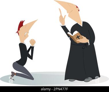 Illustrazione sacerdote e uomo di preghiera in ginocchio. L'uomo prega in ginocchio e un sacerdote predicatore con un libro di preghiera isolato su bianco illustratio Illustrazione Vettoriale