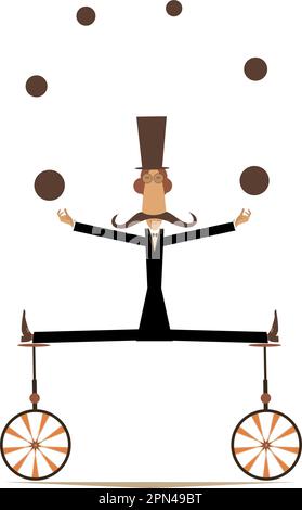 L'uomo equilibrista baffi su due unicicli giocolisce l'illustrazione delle palle. Divertente uomo lungo baffi nel cappello bilancia su due unicicli e giocolieri Illustrazione Vettoriale