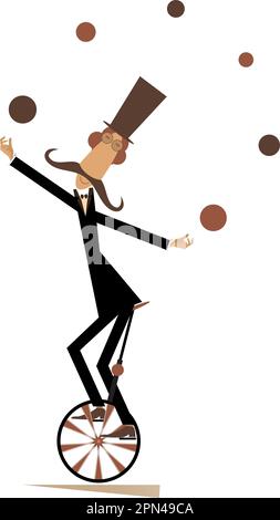 Divertente uomo lungo baffi nel cappello bilancia sul monociclo e giocolisce le palle isolato su bianco Illustrazione Vettoriale