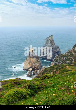 Oceano atlantico costa (massi di granito e scogliere sul mare) in nuvoloso meteo. Vista dal Capo Roca (Cabo da Roca), Portogallo. Foto Stock
