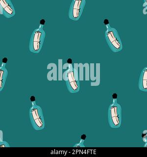 Messaggio nell'icona della bottiglia in stile cartone animato isolato su sfondo bianco. Illustrazione vettoriale di stock di simboli pirati. mare senza cuciture Illustrazione Vettoriale