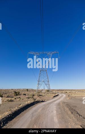Tralicci e linee per la trasmissione di elettricità ad alta tensione con una strada ghiaiata accanto ad essa nella zona di Karoo in Sudafrica Foto Stock