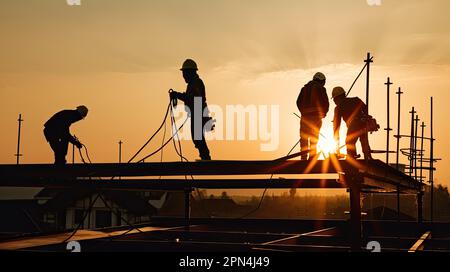 silhouette di operai edili che fanno il loro lavoro sul tetto al tramonto in luce arancione Foto Stock