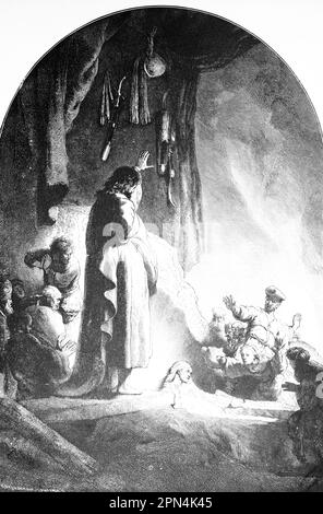 Gesù risuscita Lazzaro dai morti, bibbia, nuovo Testamento, Giovanni capitolo 11, versi 1-45, Secondo Rembrandt, illustrazione storica 1890 Foto Stock