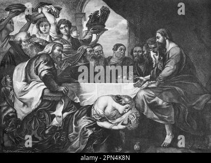 Gesù al banchetto di Simone il Fariseo, bibbia, nuovo Testamento, Luca capitolo 7, versi 36-50, Illustrazione storica 1890 Foto Stock