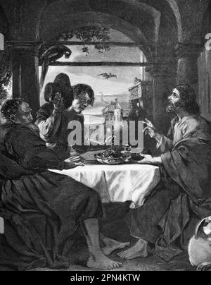 Risurrezione di Cristo a due dei suoi discepoli a Emmaus, bibbia, nuovo Testamento, Luca capitolo 24, versi 13-35, Illustrazione storica 1890 Foto Stock