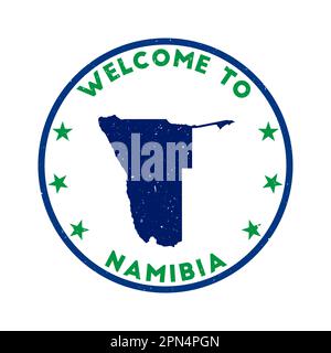 Benvenuto al francobollo della Namibia. Francobollo rotondo di campagna grunge con texture in tema di colore Rivoluzione Verde. Sigillo geometrico in Namibia in stile vintage. Illustrazione Vettoriale
