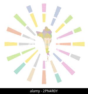 Phu Quoc sunburst. Basso poli strisce raggi e mappa dell'isola. Illustrazione creativa del vettore. Illustrazione Vettoriale