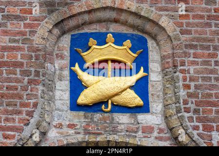 Pesce antico, gancetti e cresta della corona su un edificio storico, Huidenvetersplein, Brugge (Bruges), Provincia delle Fiandre Occidentali, Regione Fiamminga, Belgio Foto Stock